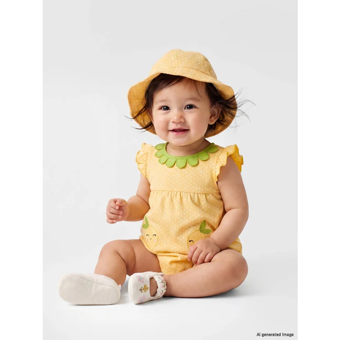 LCW baby Sarı Kız Bebek Nakışlı Penye Tulum ve Şapka