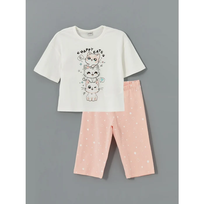LCW Kids Ekru Bisiklet Yaka Baskılı Kız Çocuk Şortlu Pijama Takımı