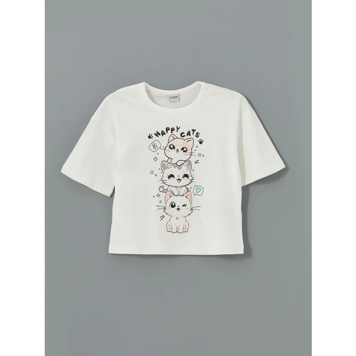 LCW Kids Ekru Bisiklet Yaka Baskılı Kız Çocuk Şortlu Pijama Takımı