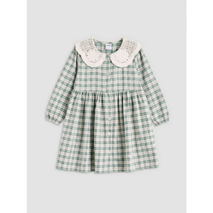 LCW Kids Yeşil Bebe Yaka Ekose Kız Çocuk Elbise