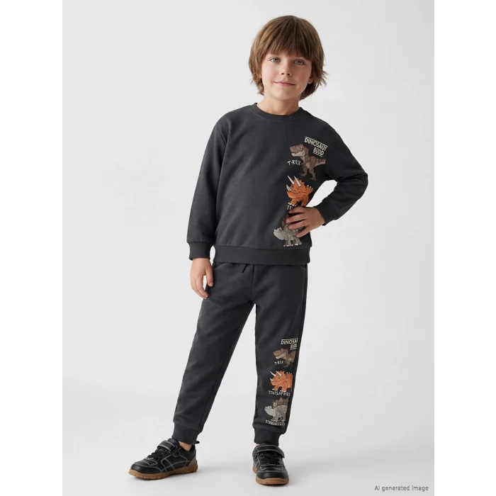 LCW Kids Antrasit Dinozor Baskılı Erkek Çocuk Takım