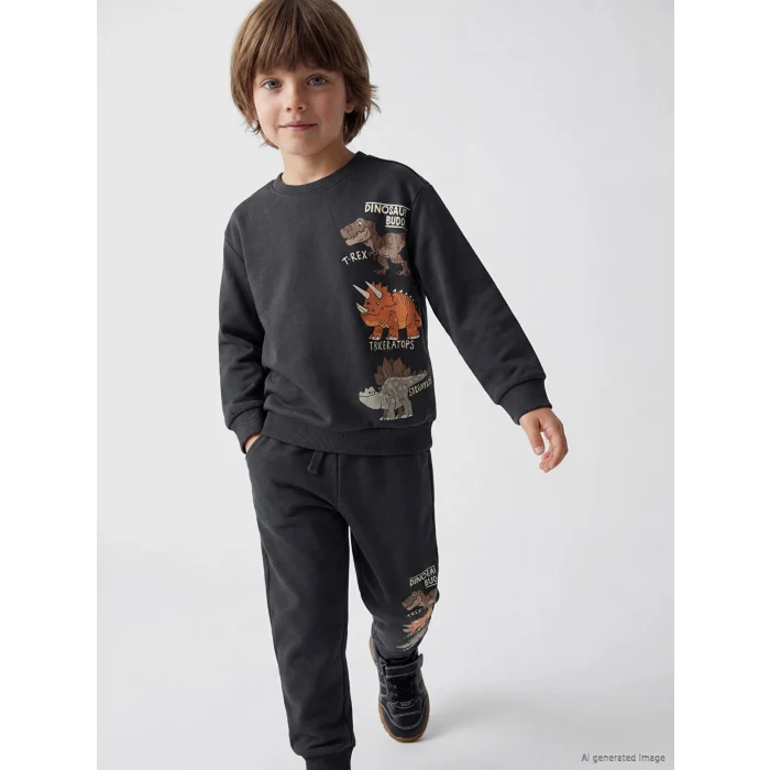 LCW Kids Antrasit Dinozor Baskılı Erkek Çocuk Takım