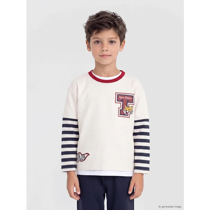 LCW Kids Bej Bisiklet Yaka Kaplan Baskılı Erkek Çocuk Tişört