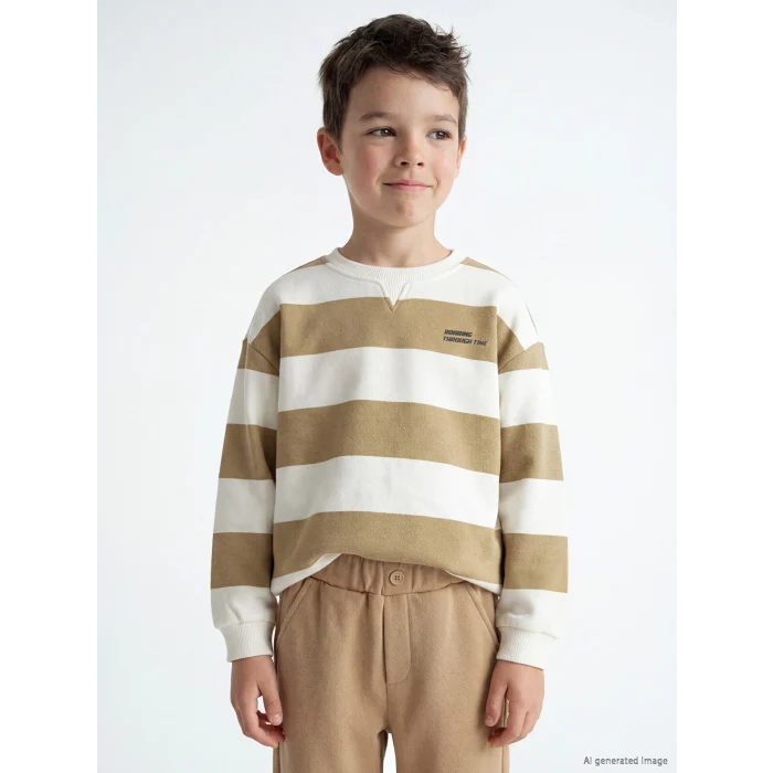 LCW baby Bej Bisiklet Yaka Çizgili Erkek Çocuk Sweatshirt
