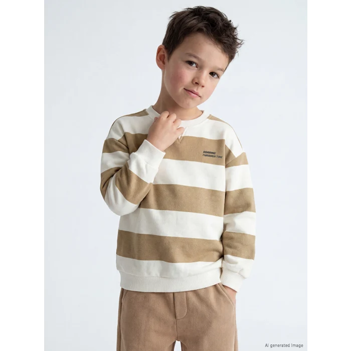 LCW baby Bej Bisiklet Yaka Çizgili Erkek Çocuk Sweatshirt
