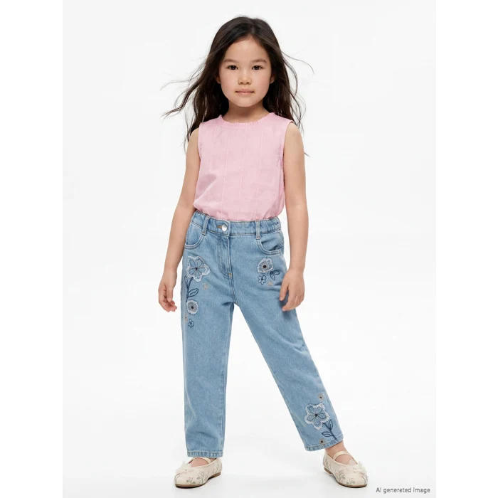 LCW Kids İndigo Straight Fit Nakışlı Kız Çocuk Jean Pantolon