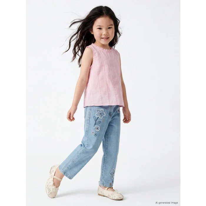 LCW Kids İndigo Straight Fit Nakışlı Kız Çocuk Jean Pantolon
