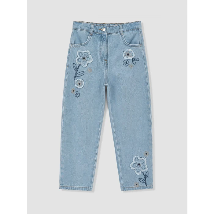 LCW Kids İndigo Straight Fit Nakışlı Kız Çocuk Jean Pantolon