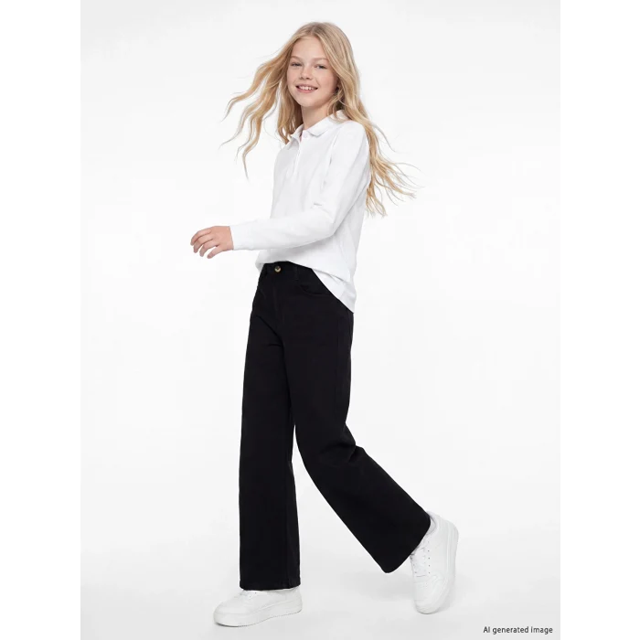 LCW Kids Siyah Wideleg Kız Çocuk Gabardin Pantolon