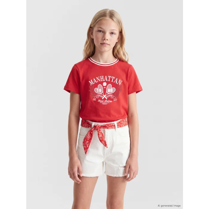 LCW Kids Kırmızı Manhattan Baskılı Kız Çocuk Tişört