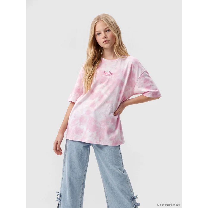 LCW Kids Pembe Bisiklet Yaka Batik Desenli Kız Çocuk Tişört