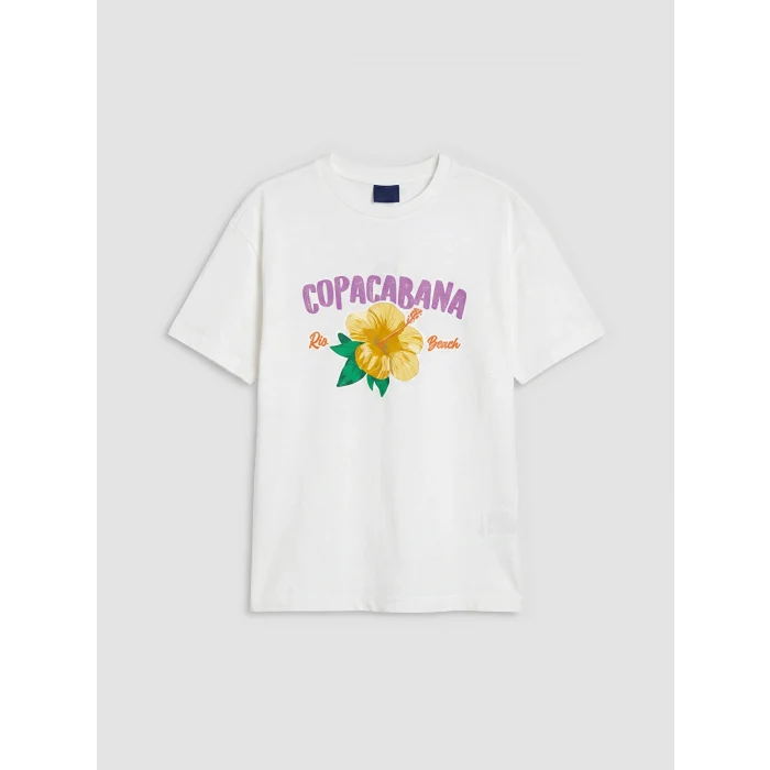 LCW Kids Beyaz Bisiklet Yaka Baskılı Kız Çocuk Tişört