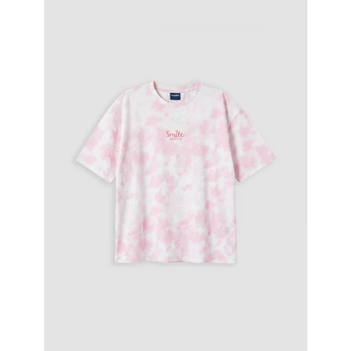 LCW Kids Pembe Bisiklet Yaka Batik Desenli Kız Çocuk Tişört
