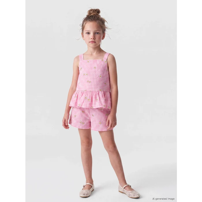 LCW Kids Pembe Papatya Desenli Kız Çocuk Şortlu Takım