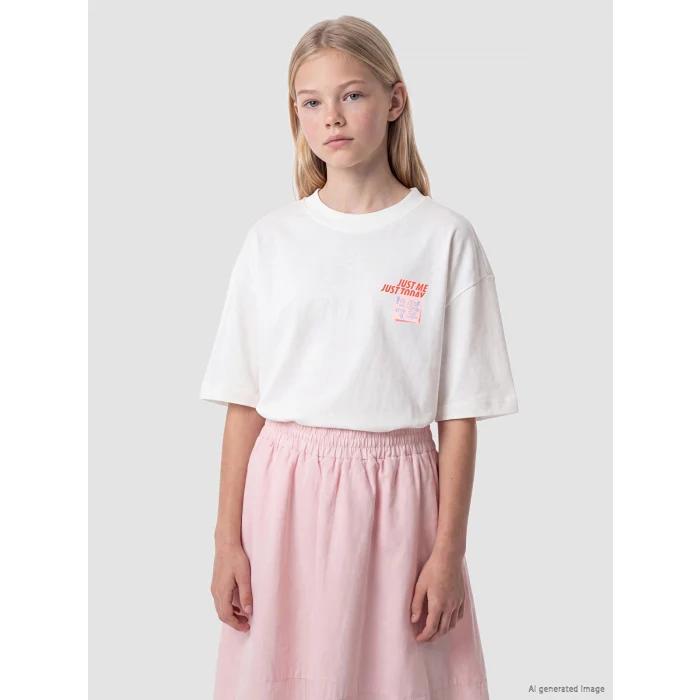 LCW Kids Ekru Loose Fit Baskılı Kız Çocuk Tişört