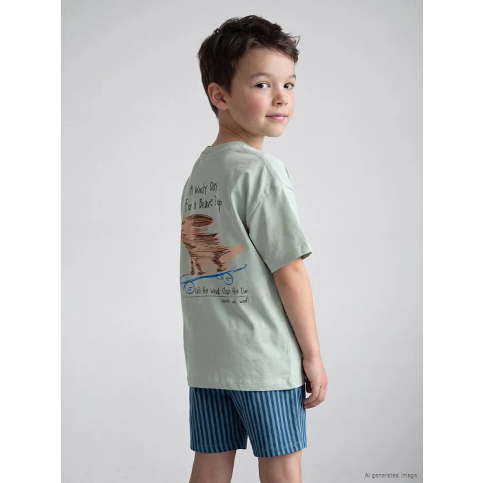 LCW Kids Yeşil Bisiklet Yaka Baskılı Erkek Çocuk Tişört