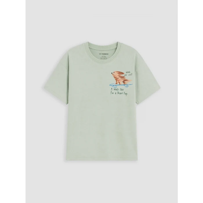 LCW Kids Yeşil Bisiklet Yaka Baskılı Erkek Çocuk Tişört