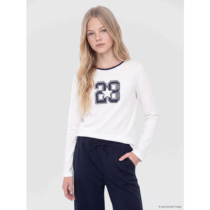 LCW Kids Beyaz Bisiklet Yaka Baskılı Kız Çocuk Tişört