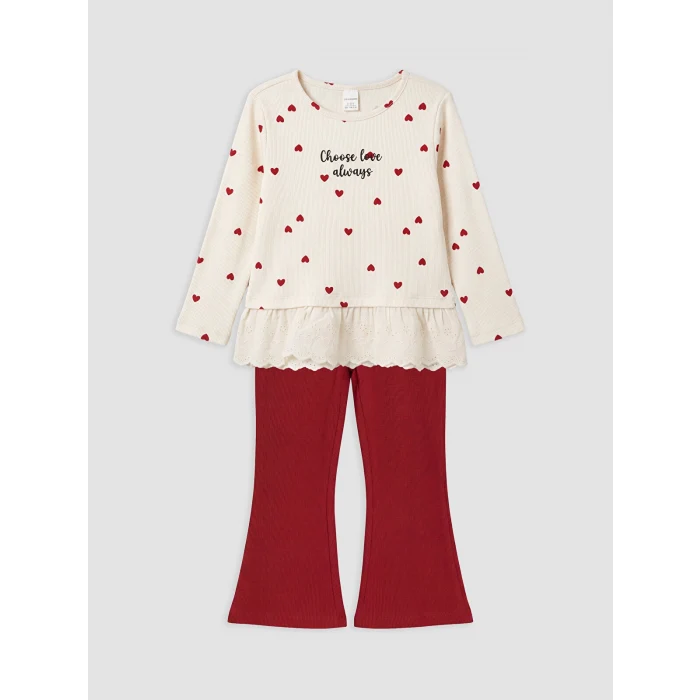 LCW Kids Ekru Fırfırlı Kız Çocuk Taytlı Takım
