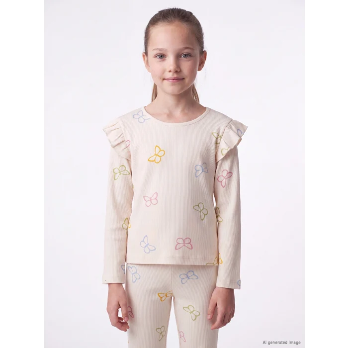 LCW Kids Ekru Bisiklet Yaka Fırfırlı Kız Çocuk Tişört