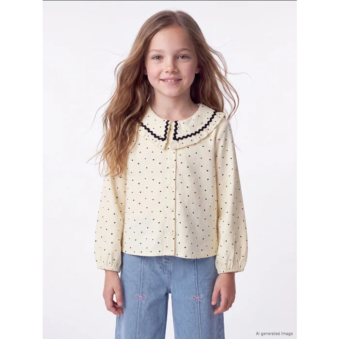 LCW Kids Ekru Bebe Yaka Uzun Kollu Desenli Kız Çocuk Gömlek