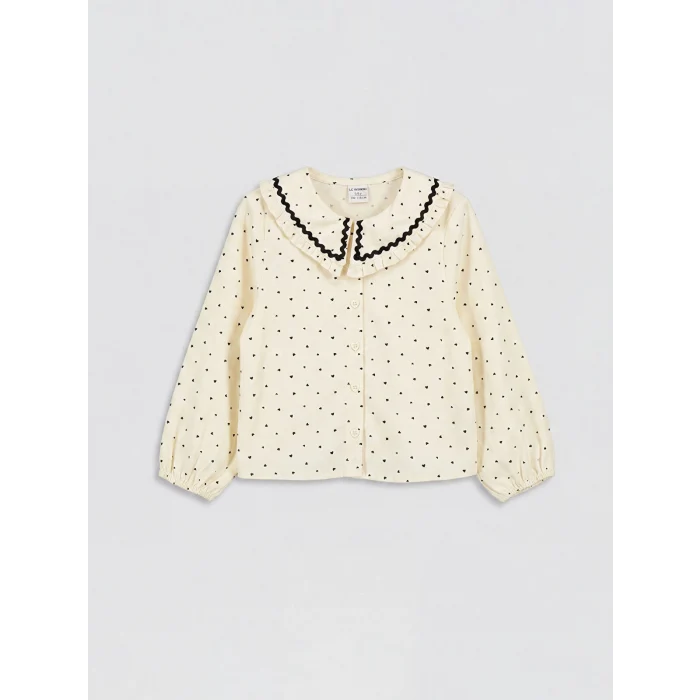 LCW Kids Ekru Bebe Yaka Uzun Kollu Desenli Kız Çocuk Gömlek