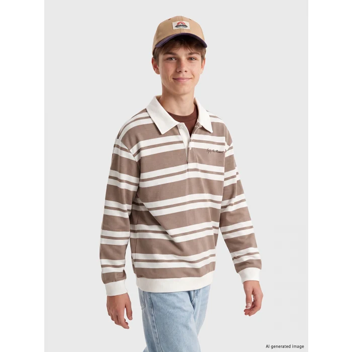 LCW Kids Gri Polo Yaka Çizgili Erkek Çocuk Sweatshirt