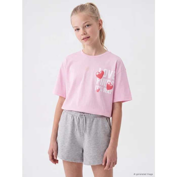 LCW Kids Pembe Bisiklet Yaka Baskılı Kız Çocuk Tişört