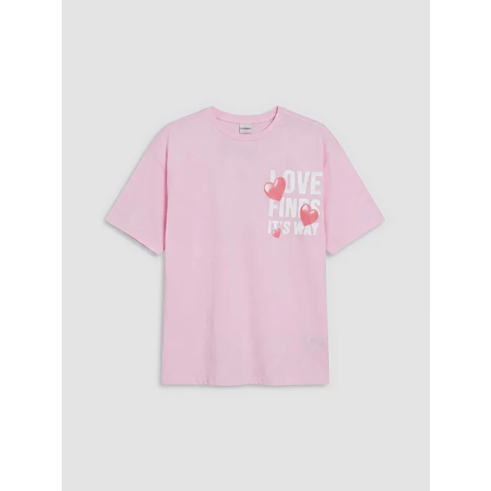 LCW Kids Pembe Bisiklet Yaka Baskılı Kız Çocuk Tişört
