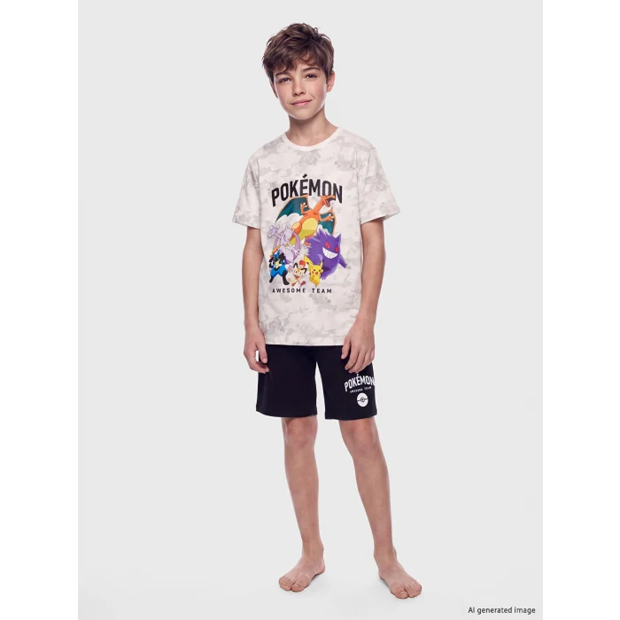 LCW Kids Ekru Pokemon Baskılı Erkek Çocuk Şortlu Pijama Takımı