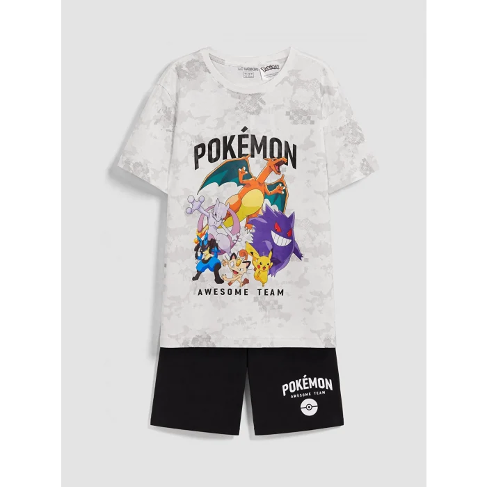 LCW Kids Ekru Pokemon Baskılı Erkek Çocuk Şortlu Pijama Takımı