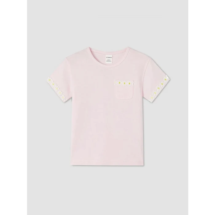 LCW Kids Pembe Bisiklet Yaka Nakışlı Kız Çocuk Tişört