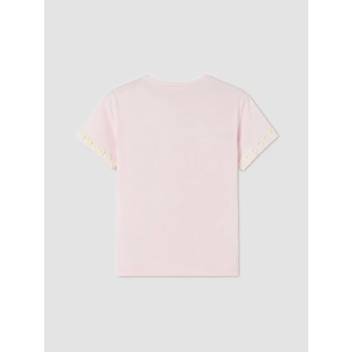 LCW Kids Pembe Bisiklet Yaka Nakışlı Kız Çocuk Tişört