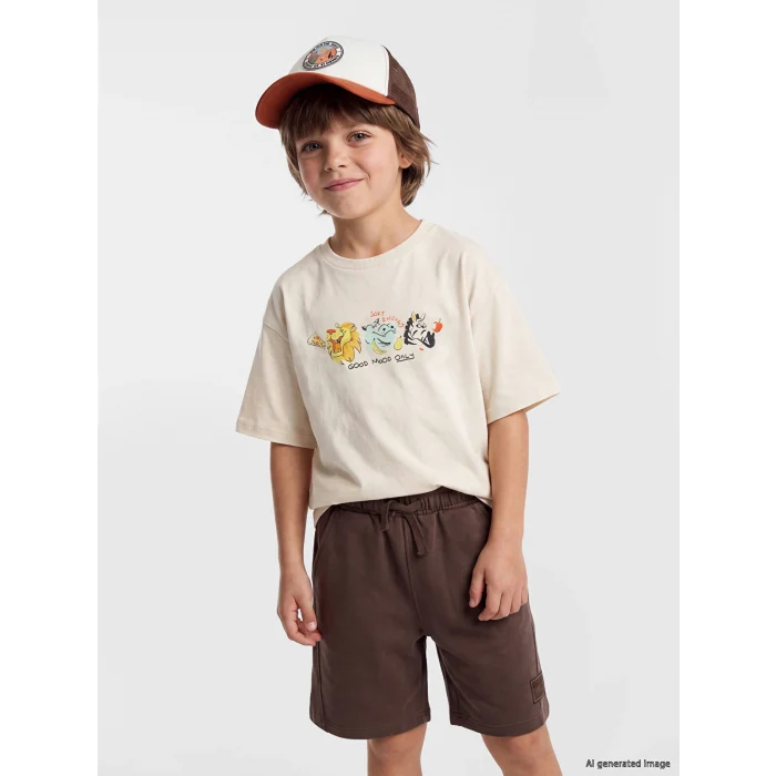 LCW Kids Bej Bisiklet Yaka Baskılı Erkek Çocuk Tişört