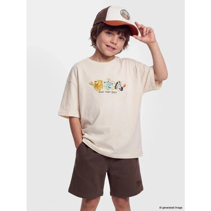 LCW Kids Bej Bisiklet Yaka Baskılı Erkek Çocuk Tişört