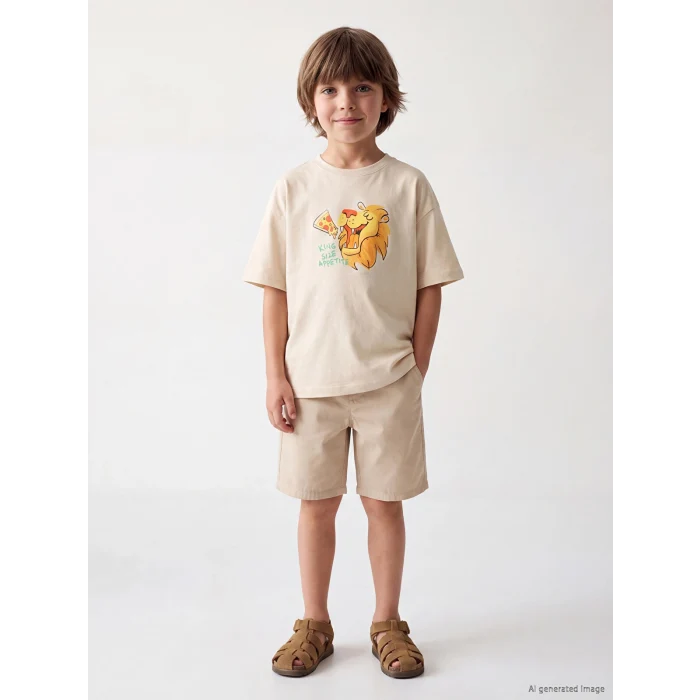 LCW Kids Sarı Bisiklet Yaka Baskılı Erkek Çocuk Tişört