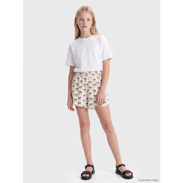 LCW Kids Ekru Fiyonk Baskılı Kız Çocuk Şort