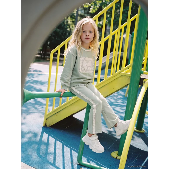 LCW Kids Yeşil Dantel Detaylı Kız Çocuk Taytlı Takım