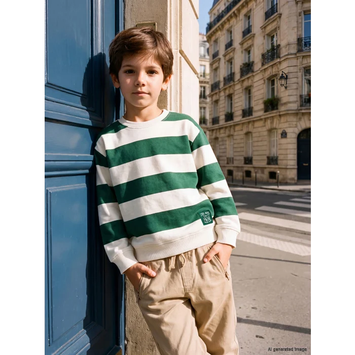 LCW Kids Ekru Bisiklet Yaka Çizgili Erkek Çocuk Sweatshirt