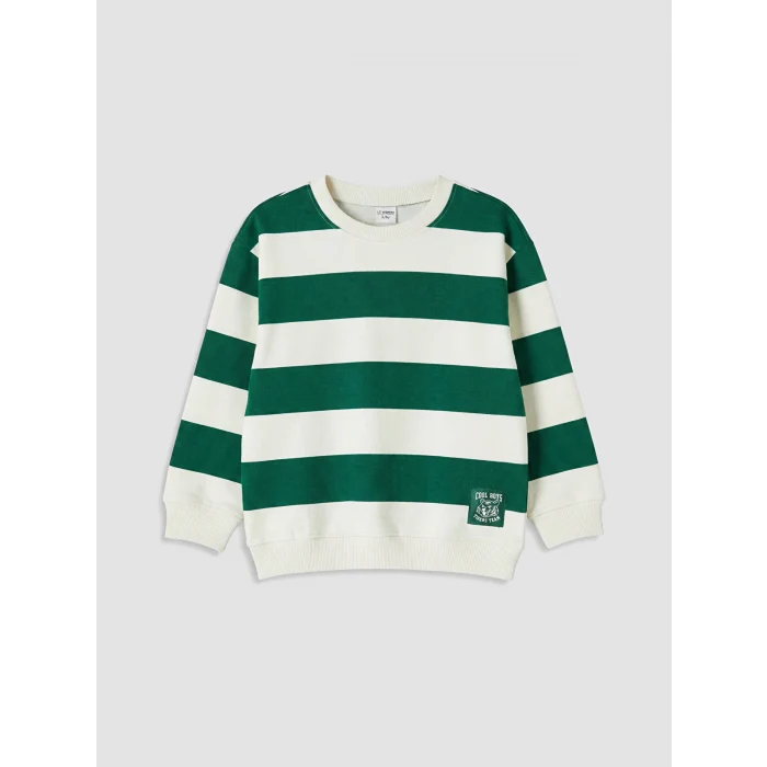 LCW Kids Ekru Bisiklet Yaka Çizgili Erkek Çocuk Sweatshirt