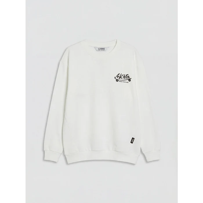 LCW Kids Ekru Bisiklet Yaka Baskılı Erkek Çocuk Sweatshirt