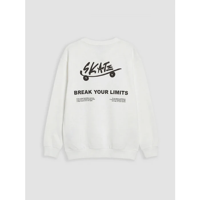 LCW Kids Ekru Bisiklet Yaka Baskılı Erkek Çocuk Sweatshirt