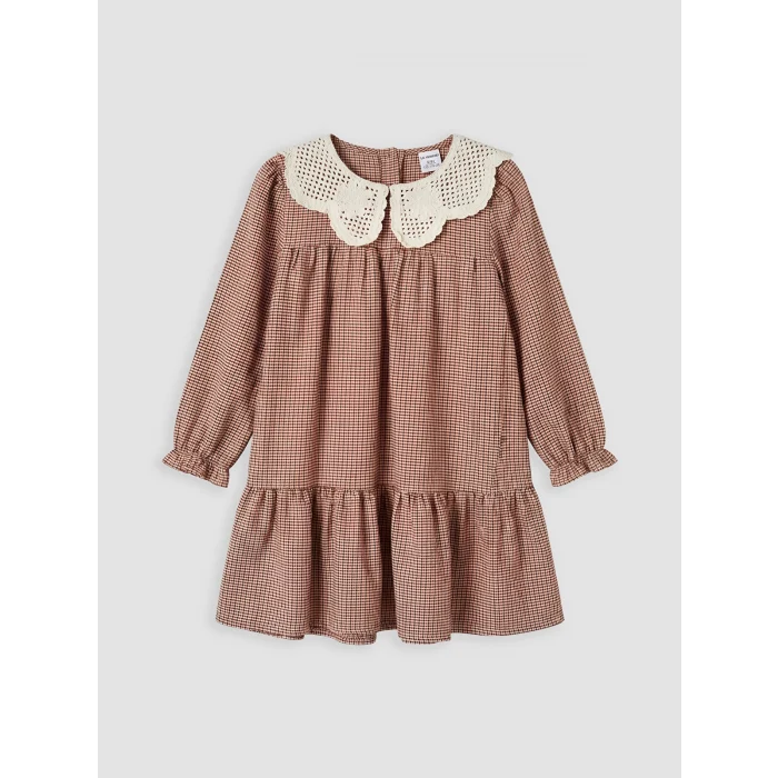 LCW Kids Turuncu Bebe Yaka Ekose Kız Çocuk Gabardin Elbise