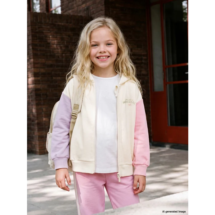 LCW Kids Ekru Kapüşonlu Kız Çocuk Fermuarlı Sweatshirt