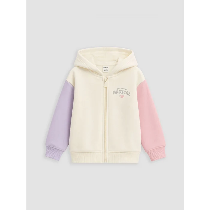 LCW Kids Ekru Kapüşonlu Kız Çocuk Fermuarlı Sweatshirt