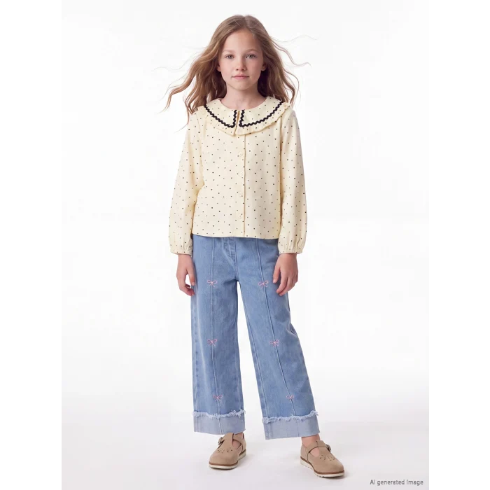 LCW Kids İndigo Wideleg Nakışlı Kız Çocuk Jean Pantolon