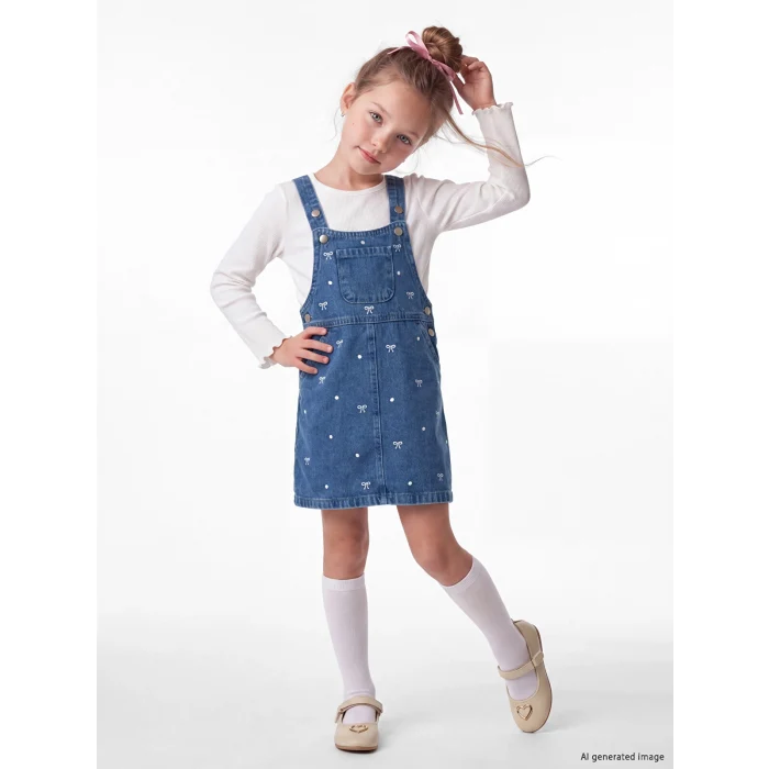 LCW Kids İndigo Fiyonk Desenli Kız Çocuk Jean Salopet Elbise