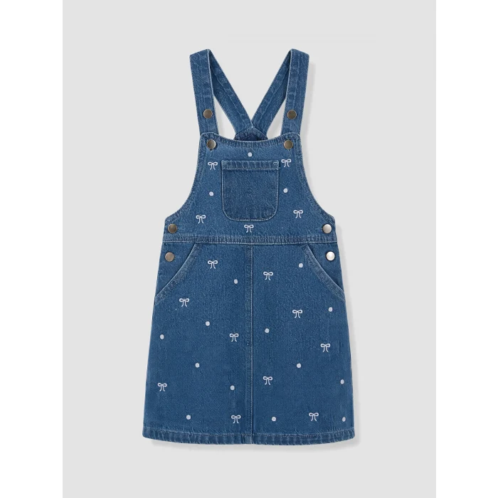 LCW Kids İndigo Fiyonk Desenli Kız Çocuk Jean Salopet Elbise