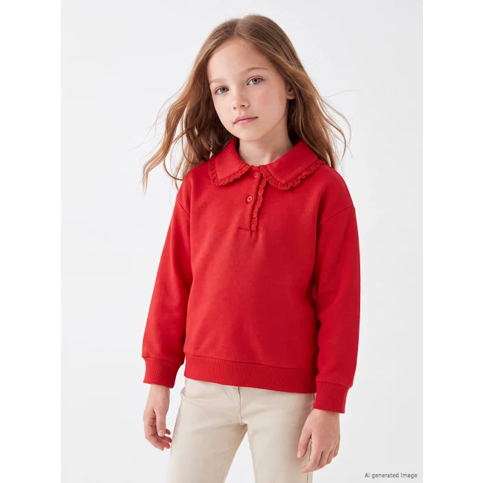 LCW Kids Kırmızı Polo Yaka Kız Çocuk Kalın Sweatshirt
