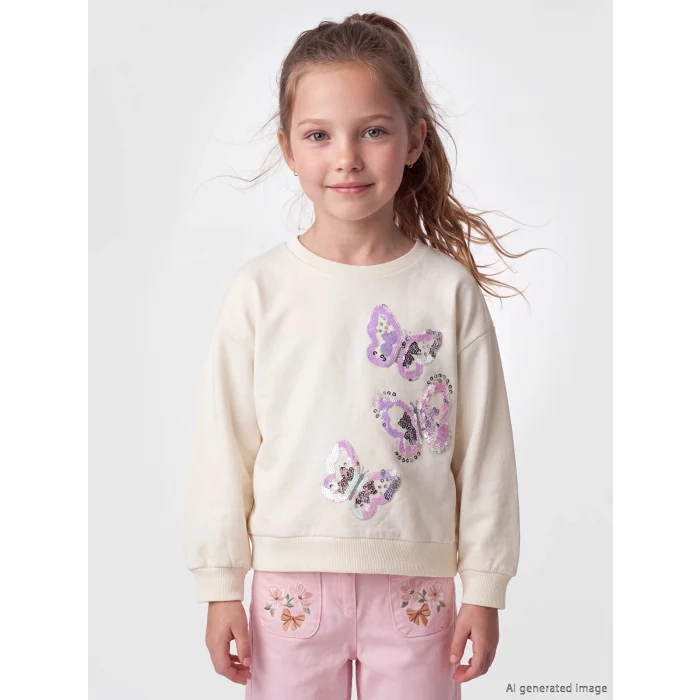LCW Kids Ekru Bisiklet Yaka Payetli Kız Çocuk Sweatshirt
